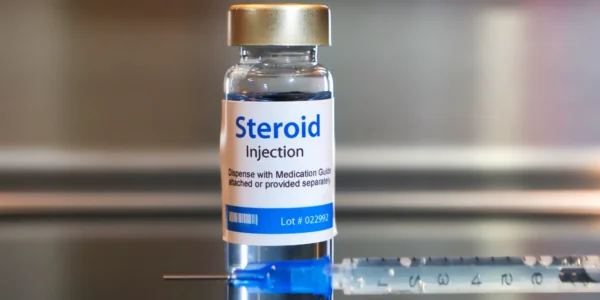 Steroid injection vial beside a syringe on a reflective surface.